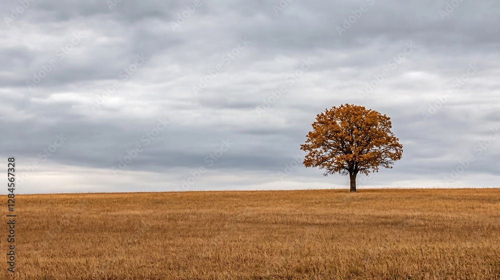 Poster Lone tree standing majestically in a vast golden field beneath an overcast sky : Generative AI