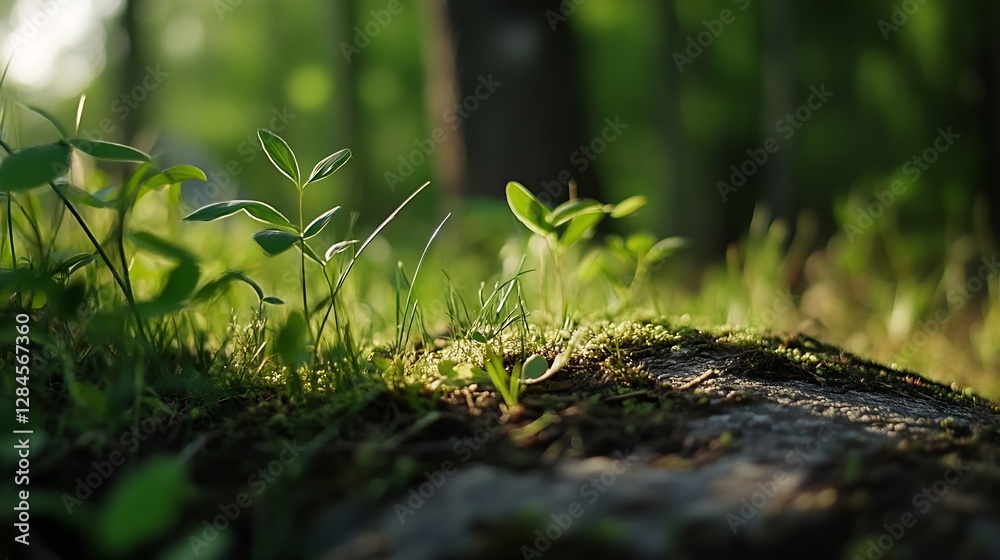 Poster close up of fresh green plants growing on a log in a sunlit forest environment : generative ai