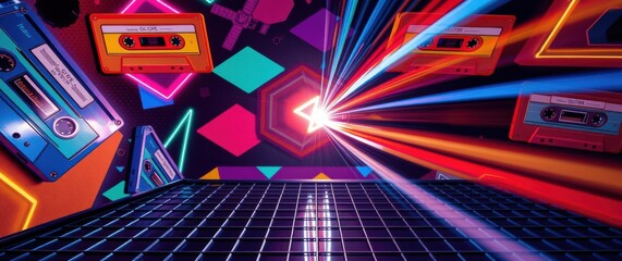 Retro Rewind: Cassette Tapes & Neon Lights in a Synthwave Dream. Embrace the 80s aesthetic!
