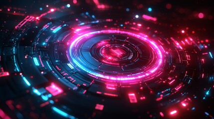 Futuristic cyberpunk design featuring intricate neon circuitry and a digital core resembling advanced AI technology in a high-tech aesthetic