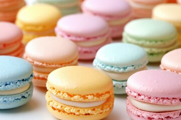 Obraz premium A delightful assortment of pastel-colored macarons, showcasing delicate textures and vibrant hues.