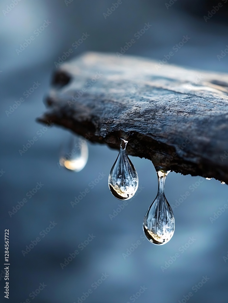 Poster close up of water droplets hanging from a wooden log in serene natural environment : generative ai