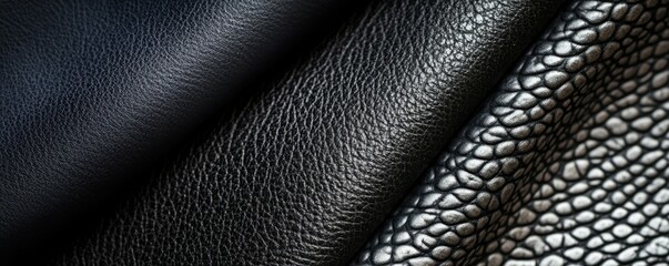 Close-up of textured black and gray leather fabrics displaying diverse patterns