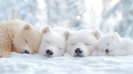 Four puppies sleeping in snowy woods, winter scene, cute animals
