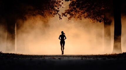Fototapeta premium Runner Silhouette Against Foggy Forest Background at Sunrise