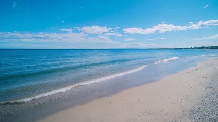 Fototapeta premium Serene beach landscape with calm waters and clear blue sky on a sunny day : Generative AI