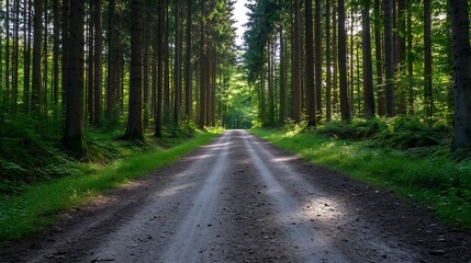 Obraz premium Serene forest pathway lined with tall trees creating a beautiful natural ambiance inviting exploration and adventure : Generative AI