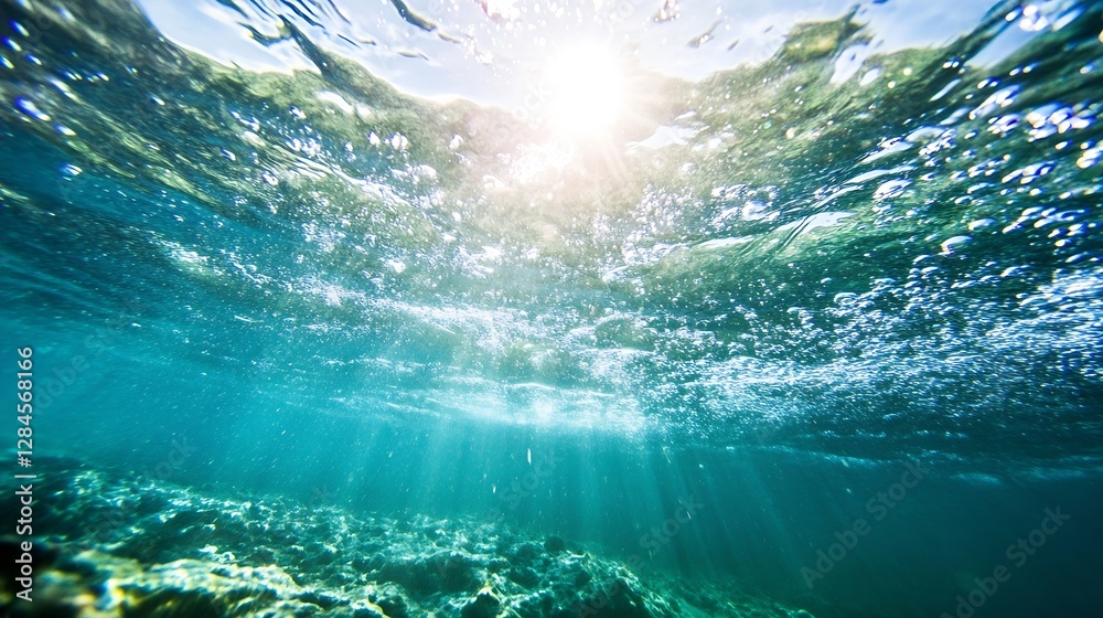 Poster underwater view showcasing sunlight filtering through clear ocean water : generative ai