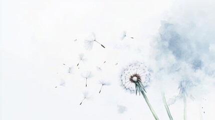 Floating dandelion seeds dance in the breezy air, capturing the essence of nature's delicate beauty in dreamy watercolor style