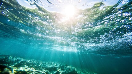 Underwater view showcasing sunlight filtering through clear ocean water : Generative AI