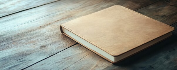 Fototapeta premium Closed leather book on wooden table with warm natural lighting