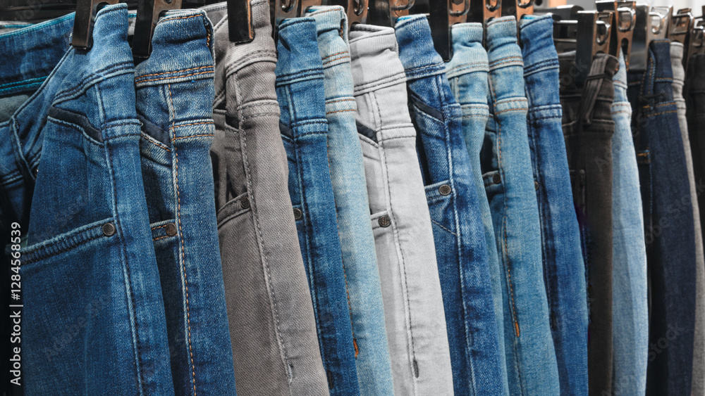 Poster a row of jeans hanging on a rack. the jeans are of different colors and styles. concept of variety a