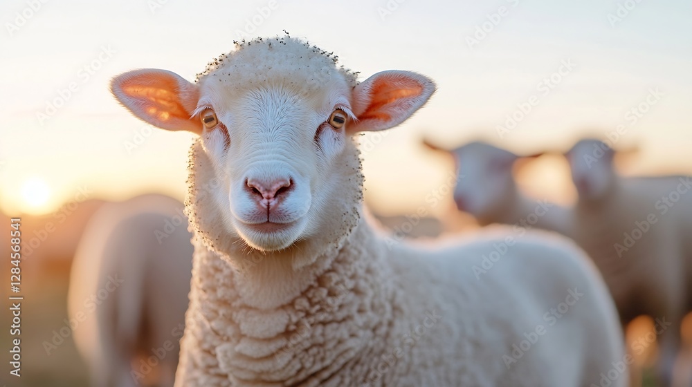 Poster Charming CloseUp of a Friendly Sheep Smiling in the Golden Hour with Soft Lighting and Pastoral Background : Generative AI