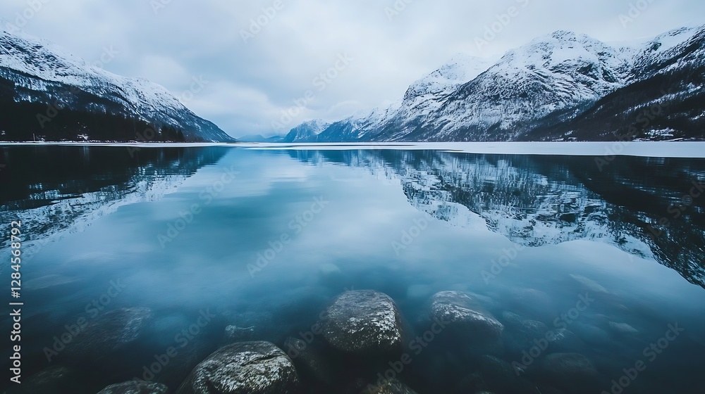 Poster serene winter landscape with snowy mountains reflecting on calm lake waters : generative ai
