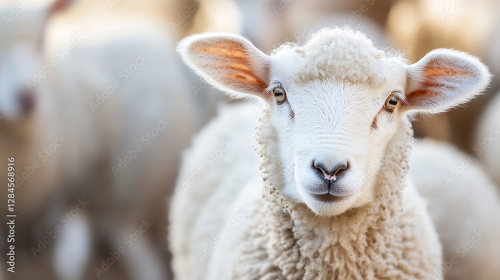 Poster closeup portrait of a curious sheep standing among a herd in a bright and warm farm setting : genera