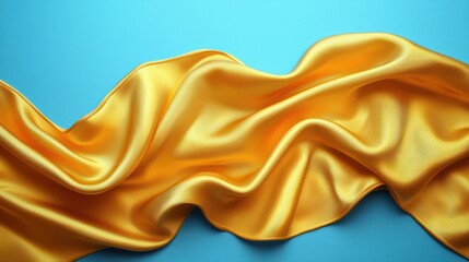 Obraz premium Golden silk fabric draped on a light blue surface