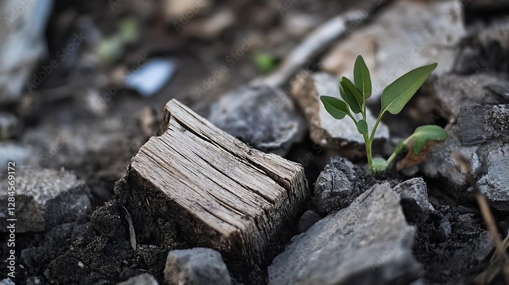 Poster close up of a sprouting plant emerging from the ground surrounded by natural earth elements : genera