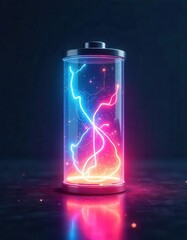 Futuristic 3D-rendered digital artwork of a glowing, transparent battery filled with swirling neon energy currents