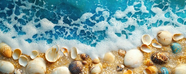 Fototapeta premium Ocean waves lapping over seashells on sandy beach shoreline
