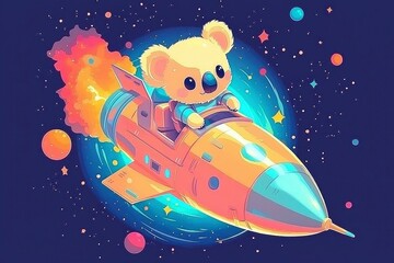 Fototapeta premium Adorable Koala Astronaut Piloting a Rocket Ship Through Space