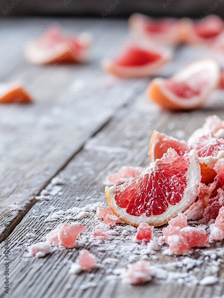 Poster Artistic display of colorful grapefruit slices scattered atop a rustic wooden table with sugar crystals : Generative AI