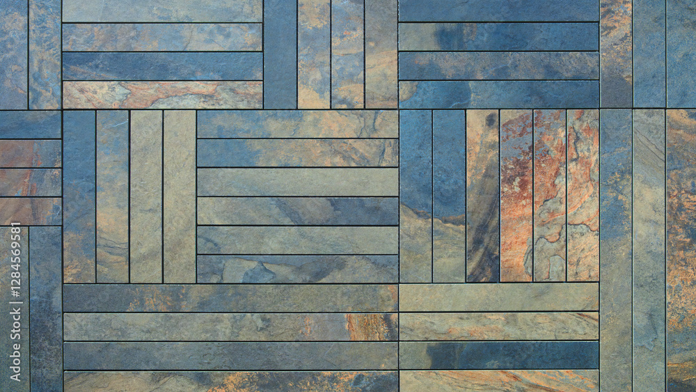 Poster A blue and brown tile floor with a pattern of squares and rectangles. The tiles are arranged in a way that creates a sense of depth and texture. Scene is one of warmth and coziness