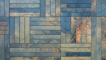 A blue and brown tile floor with a pattern of squares and rectangles. The tiles are arranged in a...
