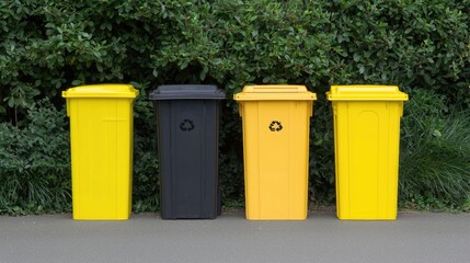 Four recycling bins outdoors, green hedge background