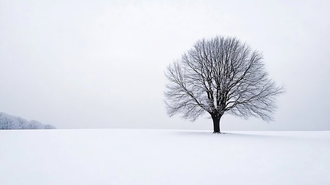Solitary tree standing in a snowy landscape creating a tranquil winter scene : Generative AI