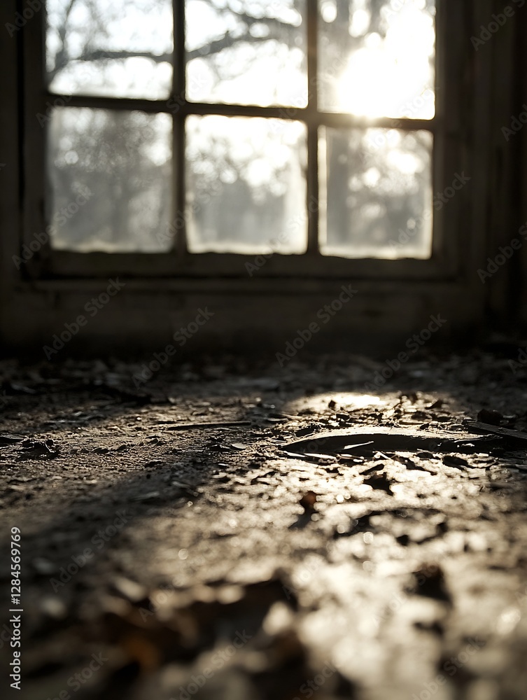 Poster Sunlight streaming through dusty window illuminating abandoned room with a nostalgic feel : Generative AI