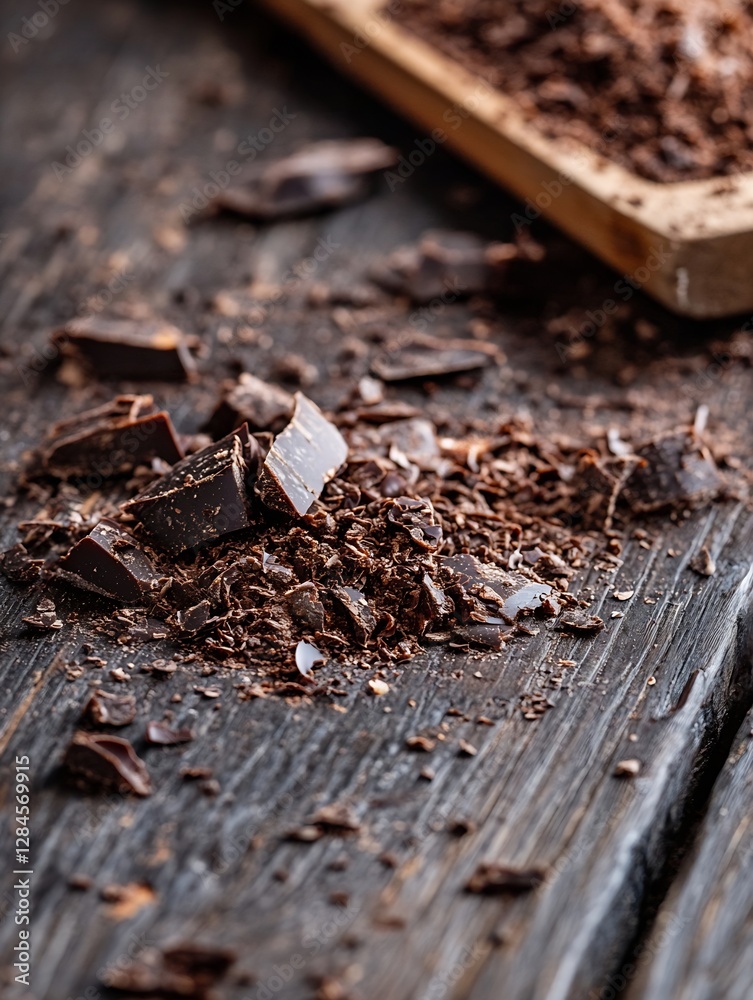 Poster rich dark chocolate chunks and shavings scattered on a rustic wooden surface highlighting premium qu