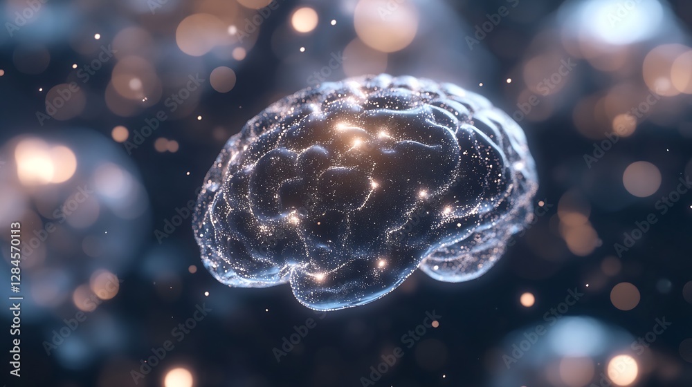 Poster Futuristic digital brain representation with shimmering particles and glowing connections in dark space : Generative AI