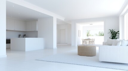 Fototapeta premium Modern white apartment interior design, open plan living space, bright sunlight, balcony view, home decor