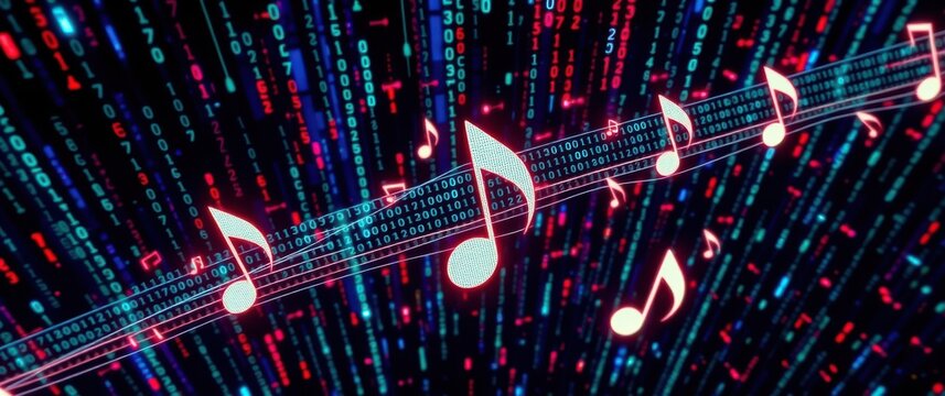 Musical notes dance across a digital waterfall of binary code, blending art and technology harmoniously.
