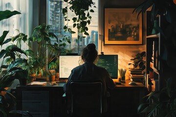 Nighttime workspace with indoor plants and glowing computer screen