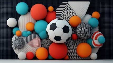 Colorful Geometric Shapes with Soccer Ball on Dark Background