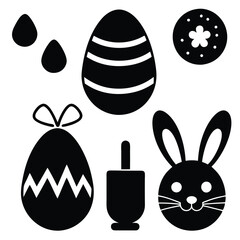 A vibrant collection of Easter elements, featuring colorful eggs, playful bunnies, blooming flowers, and joyful springtime decorations. Perfect for greeting cards, posters, and digital designs.