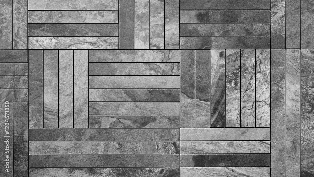 Poster A gray tile floor with a pattern of wood and stone. The tiles are arranged in a way that creates a sense of depth and texture. Scene is one of sophistication and elegance