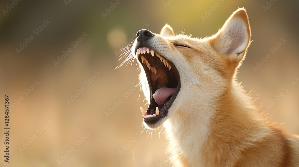 Poster a playful corgi dog yawning widely in a golden light field showcasing its cute features and fluffy f