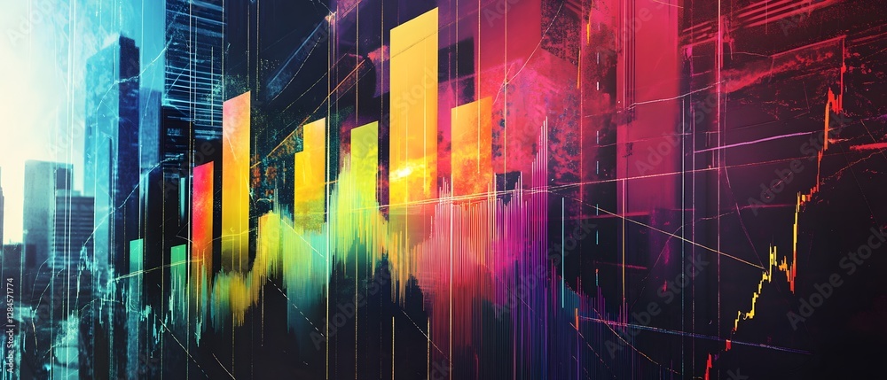 Poster an abstract representation of data visualization with colorful graphs and modern buildings in the ba
