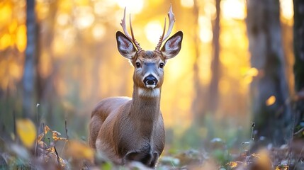 Majestic Deer Standing Gracefully in a Sunlit Forest During Autumn Season : Generative AI