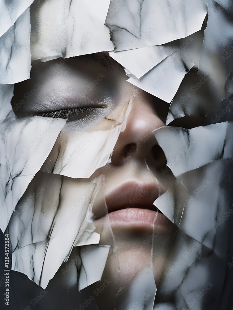 Aufkleber conceptual art of a woman with a fractured face created from broken glass resembling marble patterns