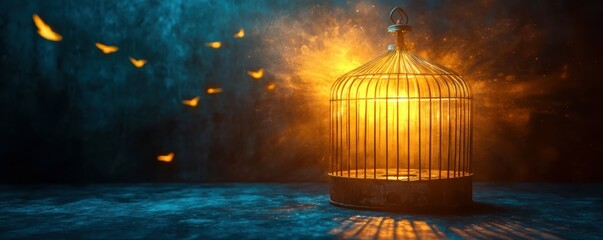 Glowing lantern in cage with flying light particles in dark mysterious atmosphere