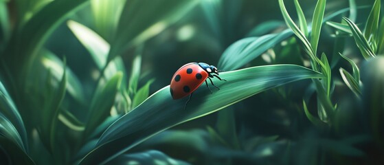 Ladybug Resting on Green Leaf against Blurred Background