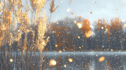 Golden reeds by autumn lake, snowfall, nature