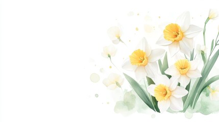 Delicate daffodils painted in soft yellow and green colors evoke the essence of springtime warmth and renewal in a botanical illustration