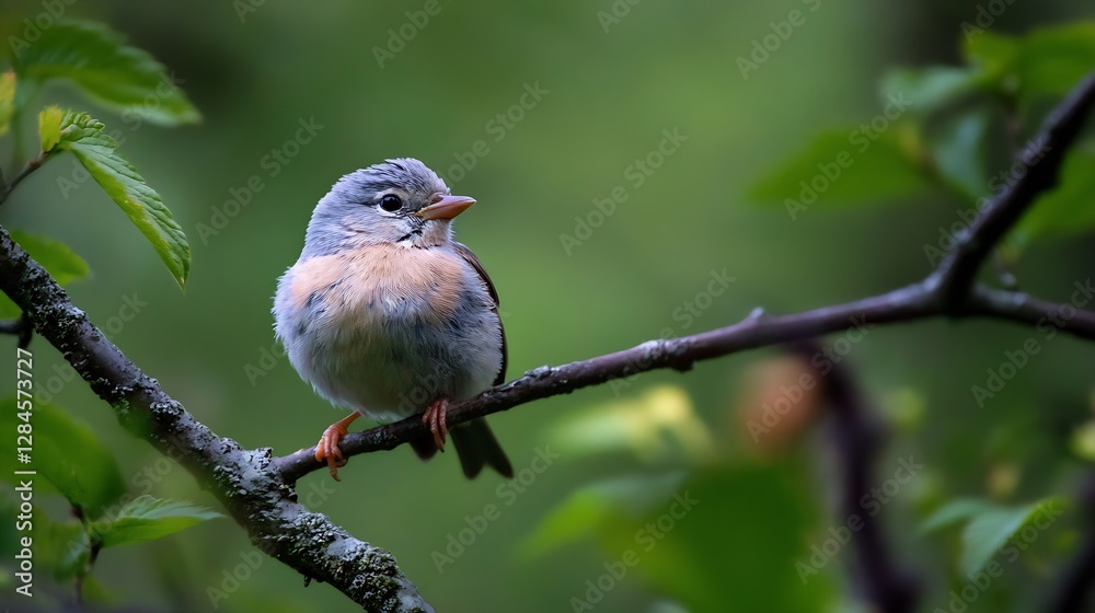 Poster close up of a colorful little bird perched on a branch in a vibrant green landscape : generative ai