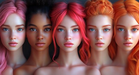 Naklejka premium Five Mannequins with Pink, Red, and Orange Wigs in a Soft-Focus Setting