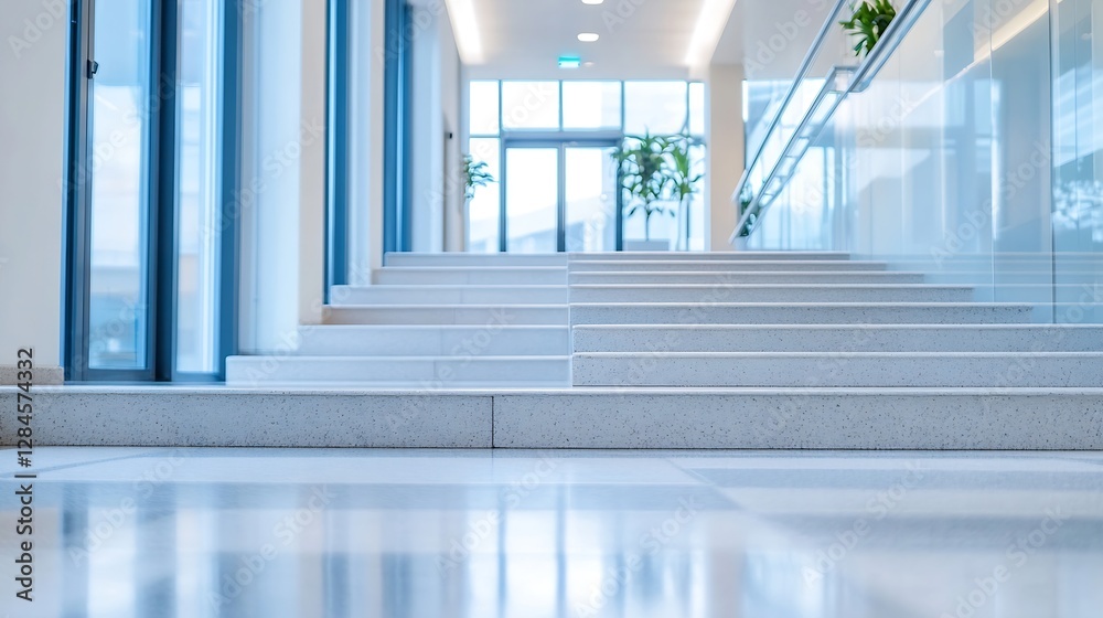 Aufkleber modern staircase leading to bright and airy space with large windows showcasing a contemporary build