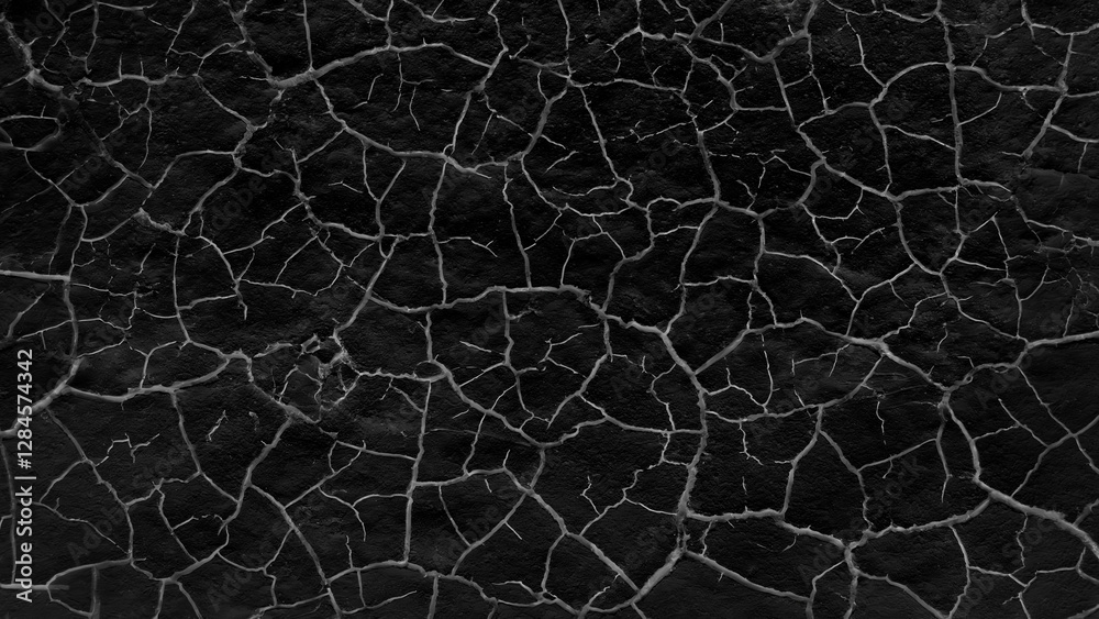 Poster a black and white photo of a cracked surface. the cracks are deep and jagged, giving the surface a r